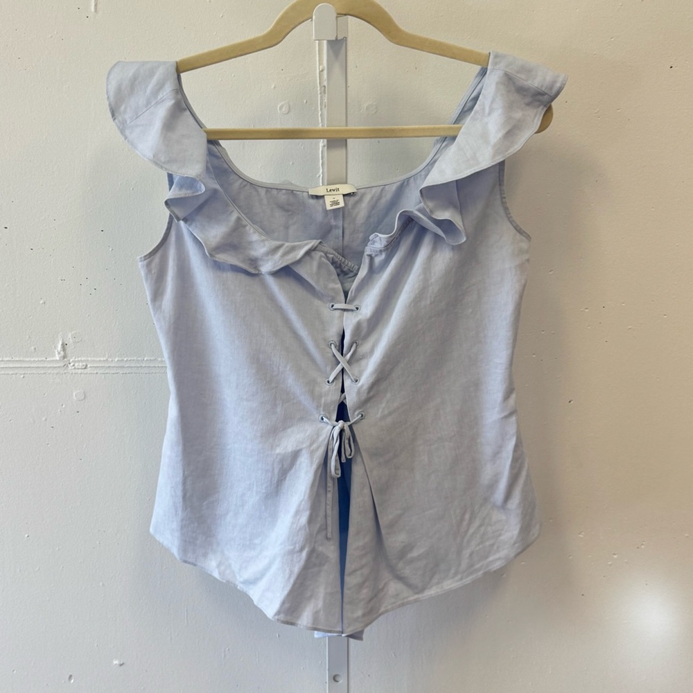 🍁 Lewit Linen Cotton Lace Up Ruffle Sleeveless Blouse Summer Boho Light Blue Sm